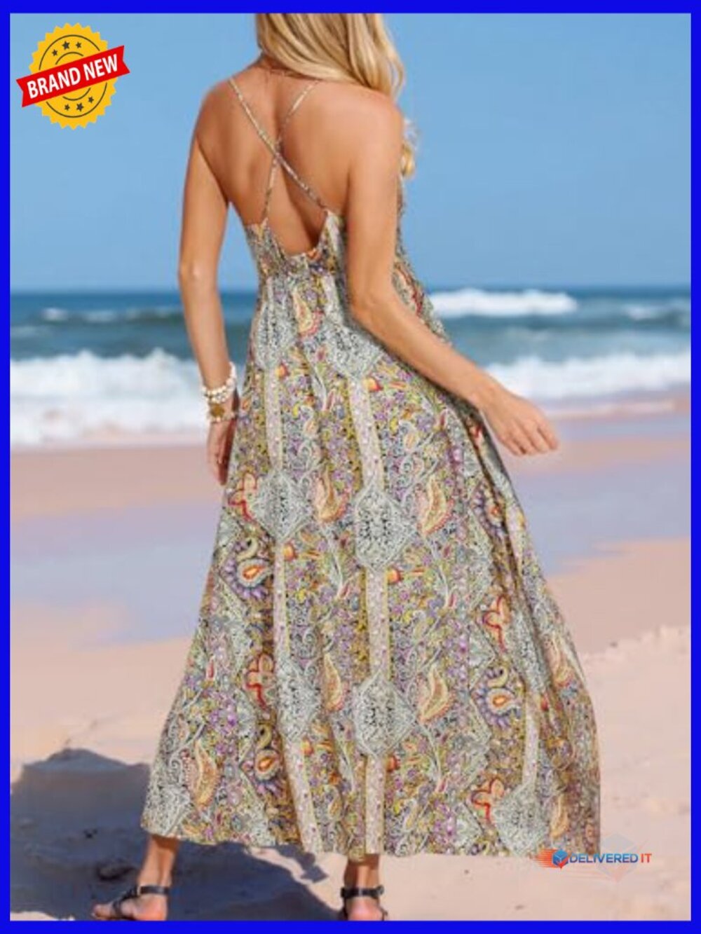 Sleeveless Maxi Dress with Spaghetti Straps, V-Neck, A-Line, Flowy Beach - Picture 2 of 4